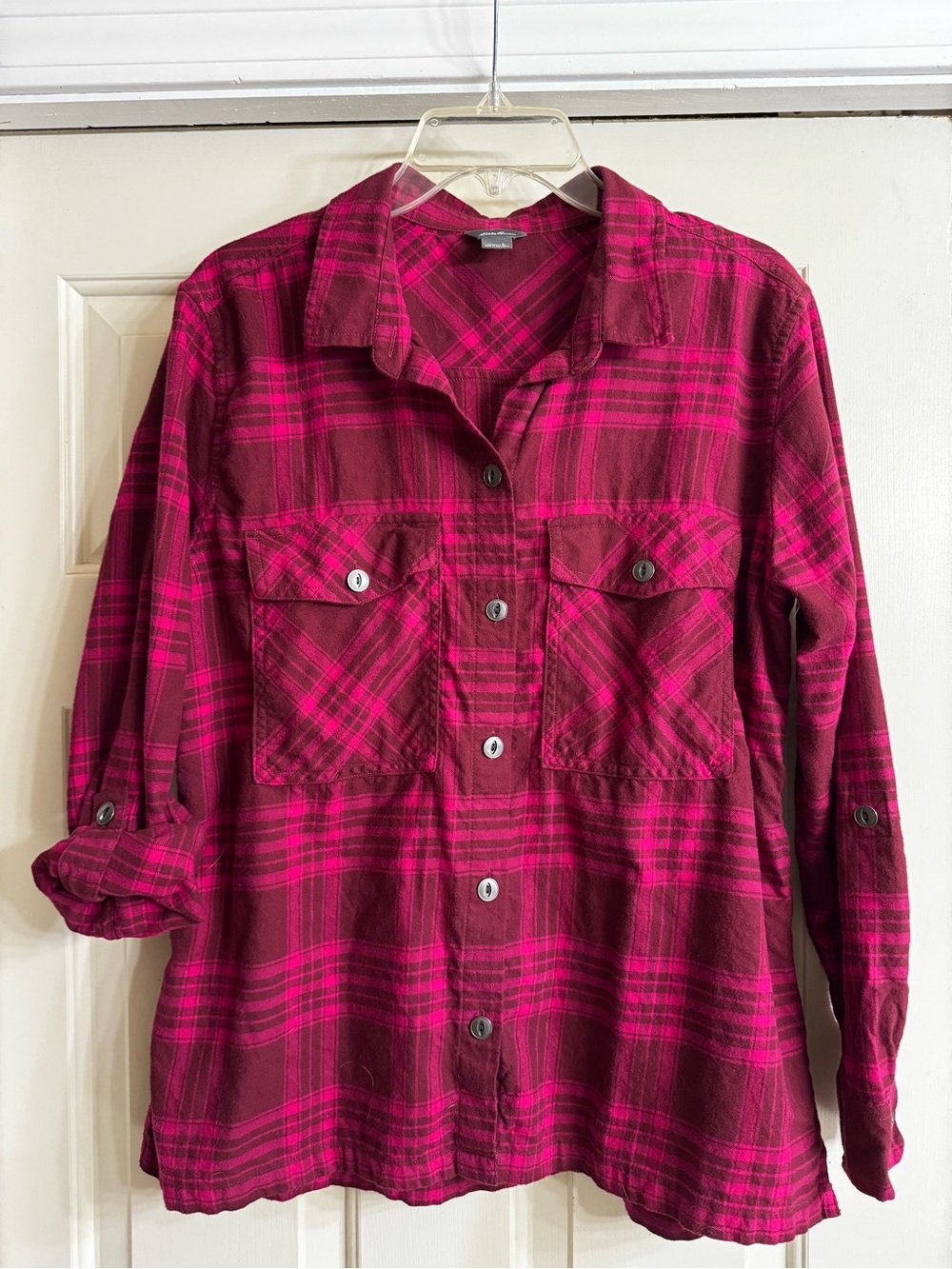 Eddie Bauer Fuchsia and Burgundy Plaid Button-Down Shirt